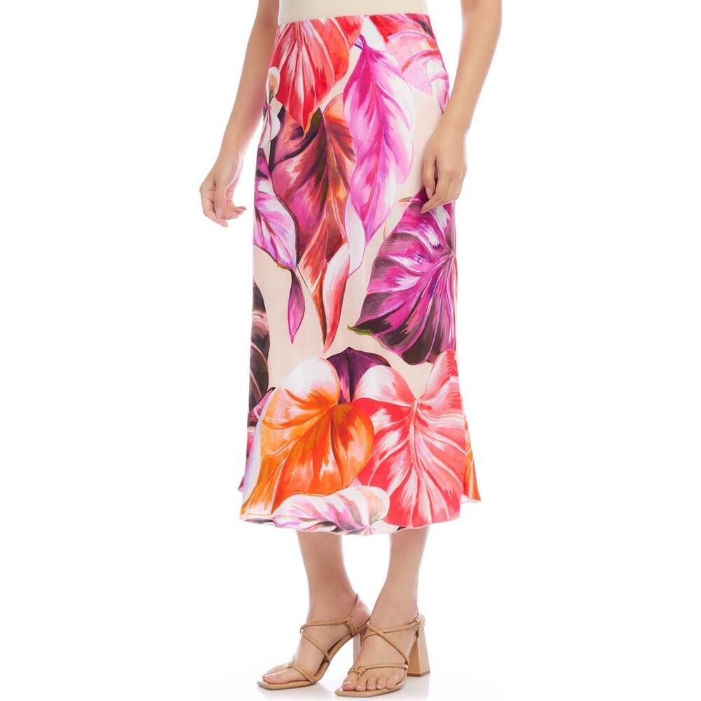 Karen Kane Floral Leaf Print Bias Cut Midi Coastal Skirt Size M